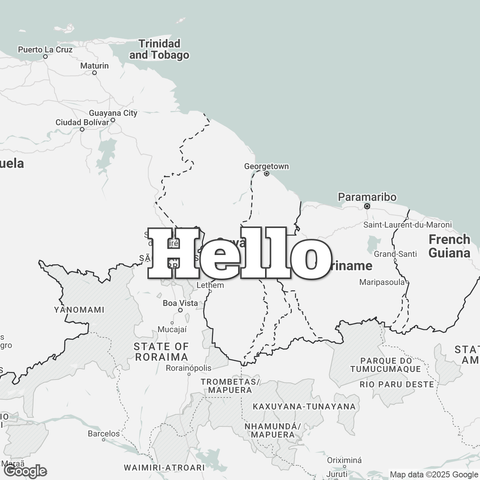 Map of Guyana overlaid with a translation of the word "hello": Hello.