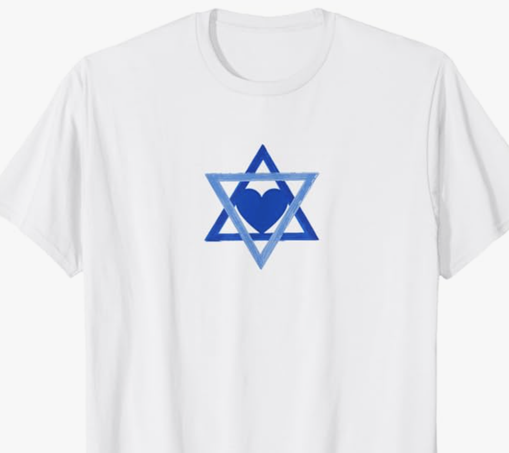 Our Jewish star has a heart inside to show Jewish love and Jewish pride, as shown on a T shirt.
