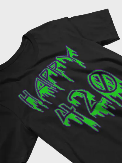 A close-up of the front of a black t-shirt that's turned sideways with "Happy 420" in creepy, dripping font. The letters and numbers are bright green with a purple outline.