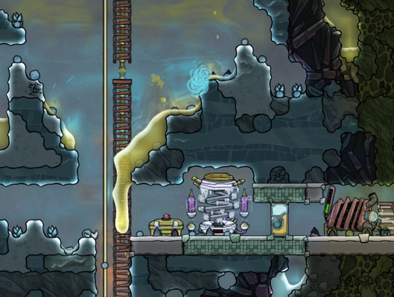 Game screenshot showing a massive polluted water spill tumbling down an ice biome.