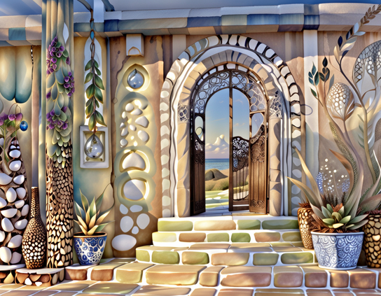 Inside a vibrant, sunlit courtyard, holding an eclectic mix of exotically patterned plants, with steps leading to an arched gateway that opens to the sea.