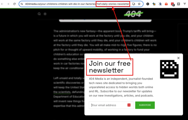 Screen shot of a 404 media page with a popup asking me to sign up for their newsletter, while in the URL a query string parameter shows that I have come to that page from their newsletter
