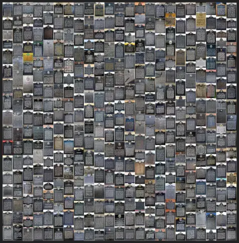 Mosaic of 400 photos of historical markers arranged in 23 columns of around 17 markers each