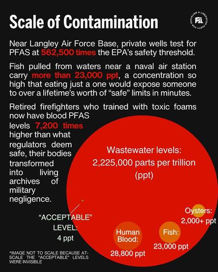 Scale of Contamination ‘= Near Langley Air Force Base, private wells test for MY SF-s the EPA’s safety threshold. Fish pulled from waters near a naval air station carry , a concentration so high that eating just a one would expose someone to over a lifetime’s worth of “safe” limits in minutes. Retired firefighters who trained with toxic foams now have blood PFAS levels higher than what regulators deem sa%e i e o Wastewater levels: transformed 2,225,000 parts per trillion into living t archives  of Gal military negligence. F / O.s: WO o S e VA = W= P EiE Human Fish: Ralol Blood: P2 N0l0 [0l o] ol AR (S Tt el Y WERE INVISIBLE