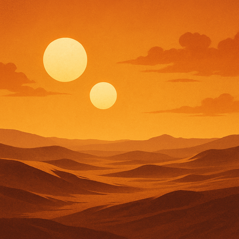 Digital illustration of a desert landscape at sunset, featuring two suns—one large and one small—glowing in an orange-hued sky. The foreground is filled with rolling sand dunes that stretch into the distance, evoking the iconic twin-sun scene from Tatooine in Star Wars.