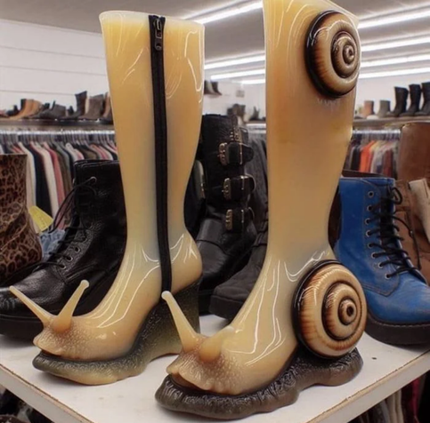 Shiny (slimy?) boots what look akin to snails.