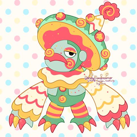 The pokemon lombre, on his head lilypad is a circle of dots and a hat with red fluff, a yellow redswirled clown nose, a red and yellow neck ruffle, red and yellow striped sleeves, and red and yellow painted nails and legs