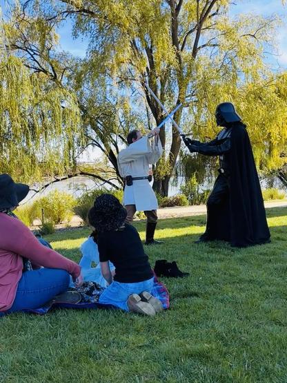 Two people in Obi-Wan Kenobi and Darth Vader costumes, having a light sabre battle, while children sitting on a picnic blanket watch.