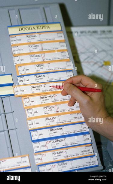 Stock photograph of air traffic control flight progress strips.
