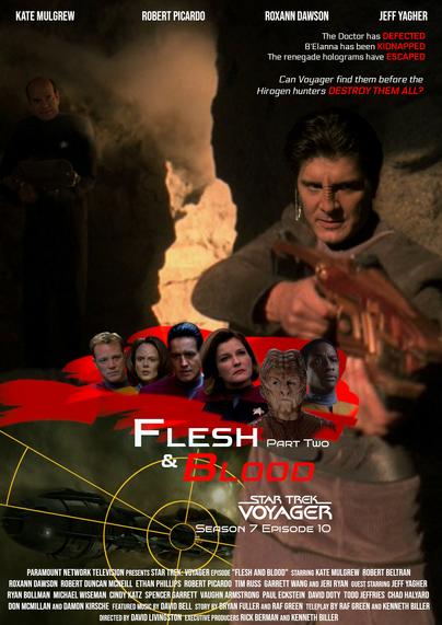 A poster for Star Trek Voyager episode Flesh and Blood Part 2, featuring Iden, a Bajoran hologram, preparing to shoot something. Behind him, in the shadows is the EMH pointing a rifle at him. In the lower left quadrant of the poster is a ship hidden in gaseous nebula.