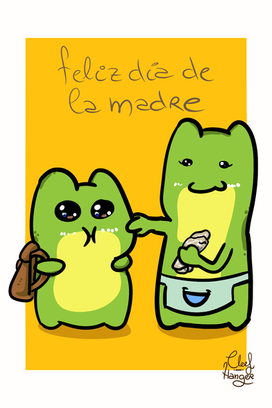 Froggelio ready to go to school puffing with their face and their mother with a bocata in papepl albal grabing their cheek and smiling. All over a yellow background and a text that says happy mother's day.