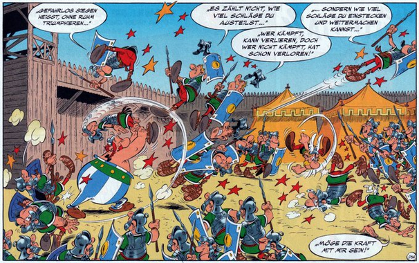 Kampfszene, in der es Obelix mit mehreren Legionären aufnimmt, die aus dem Bild fliegen.