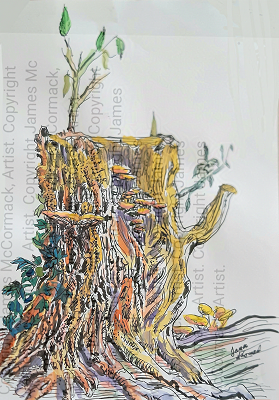Gnarly Tree Trunk.
G.
A colorful tree stump sprouts new branches and leaves, symbolizing renewal and growth. Fungi are visible on the stump, as is some ivy, adding texture and interest.