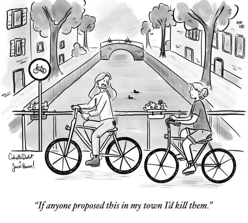 Vignetta: due ragazze attraversano in bici un ponte sopra un canale circondato da alberi in una via urbana.
Una delle due ragazze dice sorridendo all'altra: "se qualcuno proponesse qualcosa del genere nella mia città, lo ucciderei)

Autrice: Gabrielle Drolet
https://www.gabrielledrolet.com/