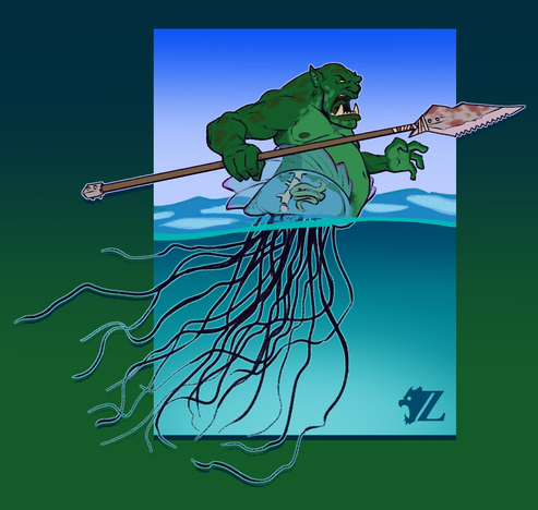 A combination of an ork from the "Warhammer 40,000" franchise and a man-o-war jellyfish, swimming on the surface of the water. He has a makeshift spear in one hand, the long, slender tentacles from the bottom half trailing gracefully in the water.