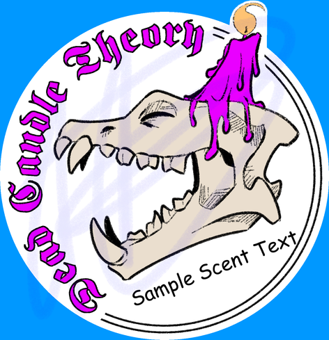 A logo for my husband's upcoming candle business, "Dead Candle Theory." It features a laughing hyena skull with a bright pink candle melting atop its head. On the left side are the words "Dead Candle Theory" in a blackmark sort of font, whereas the "Sample Scent Text" is below the skull in the dreaded Comic Sans font.