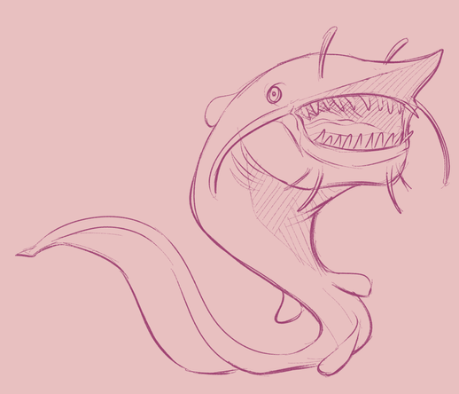 A sketch of a combined goblin shark and a catfish. Not anthro or mermaid at all. Just a fusion of the two, featuring the whiskers and bulging eyes of the catfish as well as the teeth and body shape of the goblin shark.