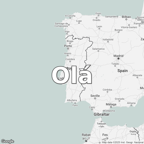 Map of Portugal overlaid with a translation of the word "hello": Olá.