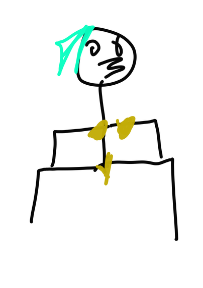 Stick figure iris in the golden week golden bikini with her seal foam green hair making a kissy face. It is just a stick person in a poorly drawn bikini. She's got legs but is a fish person you just can't tell right now.