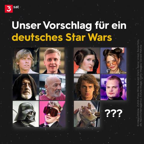Bildbeschreibung: Collage. Unser Vorschlag für ein deutsches Star Wars:
1. Reihe: Till Reiners ist Luke Skywalker - Nina Chuba ist Leia Organa
2. Reihe: Heiner Lauterbach ist Obi-Wan Kenobi - Wilson Gonzales Ochsenknecht ist Anakin Skywalker
3. Reihe: Ski Aggu ist Darth Vader - Jar Jar Binks ist ???