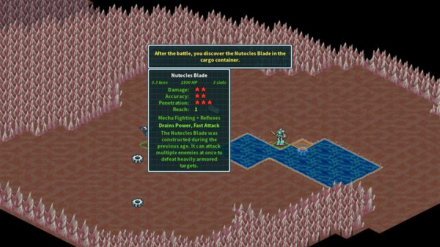 A screenshot from GearHead Caramel. The party has discovered the Nutocles Blade, a mecha sword from the previous era. It can attack multiple enemies at once to defeat heavily armored targets.