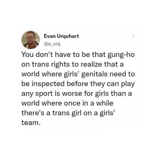 You don't have to be that gung-ho on trans rights to realise that a world where girls' genitals need to be inspected to play any sport is worse for girls than a world where once in a while there's a trans girl in a girls' team
