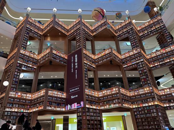 One side of the main library space. The walls go up four stories, with gaps like windows where people on other floors can look down. The walls go in and out in a triangle pattern and are entirely bookshelves loaded with books. Everything is lit in warm colours.