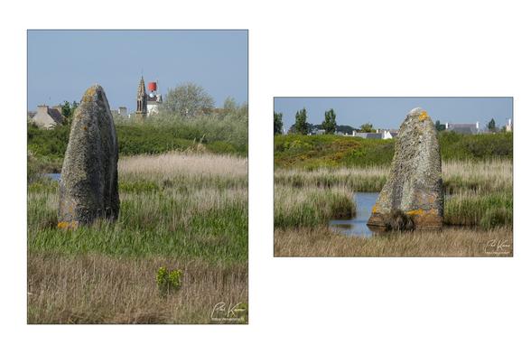 Diptyque avec une photo verticale et une photo horizontale dont le sujet principal est un menhir au bord d'un étang. 
Sur la photo verticale, on peut voir un clocher et un amer rouge au sommet d'une tour derrière le menhir.
Sur la photo horizontale, prise de plus haut, on peut voir que la base du menhir et cernée par l'eau de l'étang.