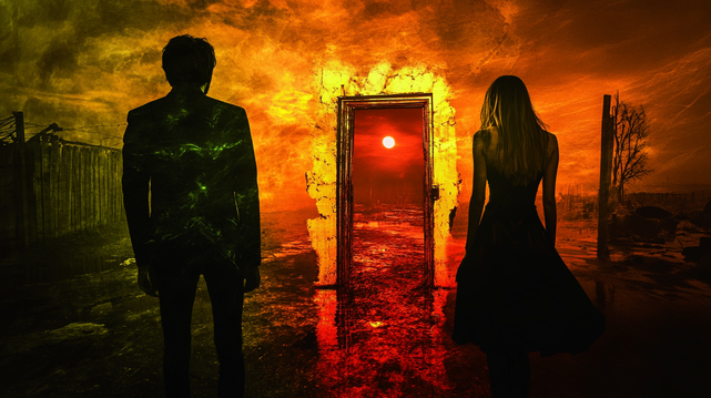 Seuil Infinis
Deux silhouettes se tiennent face à une porte en ruine menant vers un horizon rouge ardent, dans un paysage désertique baigné d’une lumière irréelle.
Two silhouettes stand before a crumbling door leading to a blazing red horizon, in a barren landscape drenched in surreal light.
