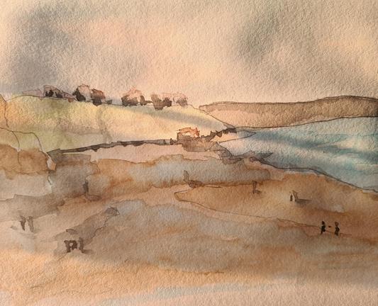 Watercolour sketch of a beach, done on location.
