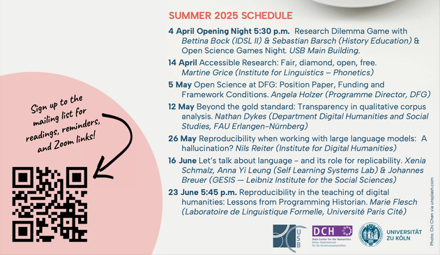 SUMMER 2025 SCHEDULE
4 April Opening Night 5:30 p.m. Research Dilemma Game with
Bettina Bock (IDSL II) & Sebastian Barsch (History Education) &
Open Science Games Night. USB Main Building.
14 April Accessible Research: Fair, diamond, open, free.
Martine Grice (Institute for Linguistics – Phonetics)
5 May Open Science at DFG: Position Paper, Funding and
Framework Conditions. Angela Holzer (Programme Director, DFG)
12 May Beyond the gold standard: Transparency in qualitative corpus analysis. Nathan Dykes (Department Digital Humanities and Social Studies, FAU Erlangen-Nürnberg)
26 May Reproducibility when working with large language models: A hallucination? Nils Reiter (Institute for Digital Humanities)
16 June Let’s talk about language - and its role for replicability. Xenia Schmalz, Anna Yi Leung (Self Learning Systems Lab) & Johannes Breuer (GESIS — Leibniz Institute for the Social Sciences)
23 June 5:45 p.m. Reproducibility in the teaching of digital
humanities: Lessons from Programming Historian. Marie Flesch
(Laboratoire de Linguistique Formelle, Université Paris Cité)