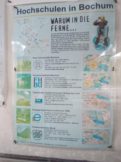 Ein ausgeblichenes laminiertes Plakat mit dem Titel „Hochschulen in Bochum“ zeigt lauter Logos, Adressen und Faxnummern, die teilweise seit mehr als zehn Jahren nicht mehr aktuell sind.