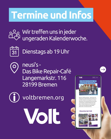 Diese Grafik zeigt wieder in den Volt lila Farben das Volt sich in jedem ungeraden Kalenderwoche trifft dienstags ab 19:00 Uhr im Neusis das Bike Repair Café in Bremen