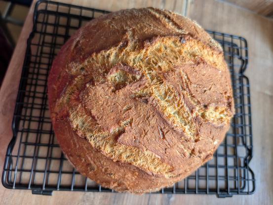 Ein braunes Brot mit wildem Ofensprung auf einem schwarzen Auskühlgitter