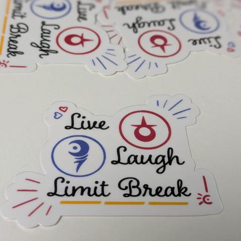 Sticker with the caption *Live, Laugh, Limit Break", decorated with drawings of the red mage LB3 sigils, the red mage job icon as an exclamation mark