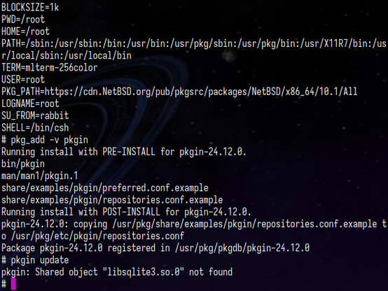 fresh netbsd installation, command pkg_add -v pkgin, pkgin update brings to pkgin: Shared object “libsqlite3.so.0” not found