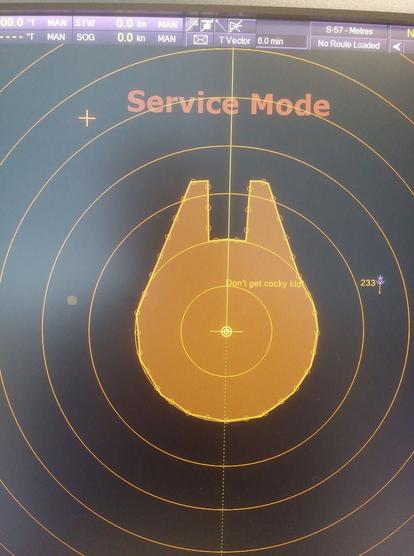 A ship navigation screen with a custom  "danger zone" on a radial radar sweep screen.

The custom zone is shaped like the Millennium Falcon and the zone name is displayed as "Don't get cocky kid"