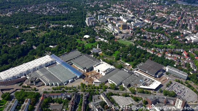 An aerial photo of the Essen fair and the main entrance of the Grugapark.