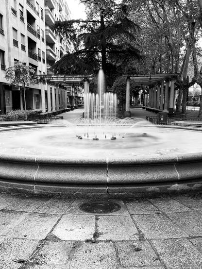 Una fuente circular de piedra, con agua brotando hacia arriba en forma de chorros, se encuentra en el centro de una plaza.  Alrededor de la fuente hay un paseo pavimentado y, al fondo, se ven edificios de apartamentos de varios pisos y árboles frondosos que forman una arboleda con pérgolas. La imagen es en blanco y negro, creando una atmósfera tranquila y clásica.