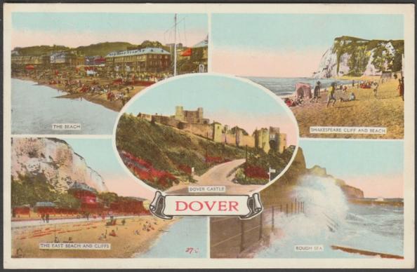 Printed colour multiview postcard showing five views of Dover in Kent. Views shown are The Beach, Shakespeare Cliff & Beach, Rough Sea, The East Beach & Cliffs and Dover Castle.

Publisher not stated, No 27 C.

Postally used on 20 June 1950 with Folkestone cancellation on orange 2d stamp and sent to Miss M Bacon, c/o Mrs Bacon, 18 Grand Avenue, Hassocks, Sussex.

Fairly good condition, with very slight corner bumps and light album marks, but light crease to left centre of top edge.