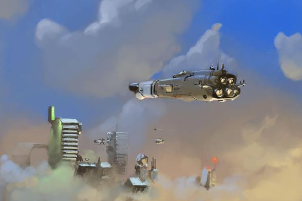 Digital painting of spaceship flying near skyscrapers