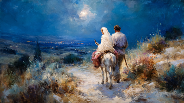 Watercolor-style image of Mary and Joseph traveling to Bethlehem by moonlight. Mary, visibly pregnant, rides a donkey, while Joseph walks beside her holding a staff. The scene is painted in deep blue tones with a glowing full moon overhead, inspired by the paintings of Gari Melchers. Created by Midjourney.