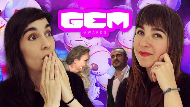 Dunkel y Rena reaccionan con expresiones de sorpresa y asombro frente a un fondo con el logo de los "GEM Awards". El logo es de color morado brillante y se encuentra en el centro. Detrás ellas hay imágenes borrosas de personajes animados similares a gatos, también en tonos morados.  Entre las imágenes de los conejos se pueden ver imágenes más pequeñas de Benita Maestro Joao, invitada al evento, y Mister Jagger, uno de los presentadores de la gala.