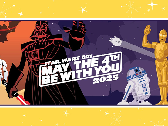 The image is a vibrant poster celebrating "Star Wars Day" on May 4th, 2025. The background features a gradient transitioning from orange to purple, with stars scattered throughout, creating a cosmic atmosphere. The central text reads "Star Wars Day May the 4th Be With You 2025" in bold, white letters with a black outline.

On the left side, a silhouette of Darth Vader is prominently displayed, holding a red lightsaber and gesturing with his hand. To the right, C-3PO, a golden humanoid robot, is depicted waving. In the foreground, R2-D2, a white and blue droid, is kneeling. A spaceship is visible in the background, adding to the space theme.

The overall design is colorful and playful, with a yellow border at the top and bottom, enhancing the festive feel of the poster.