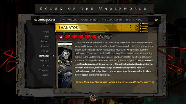 Codex entry for Thanatos. It says that he adores Zagreus, even though the two are very different in manner and outlook.