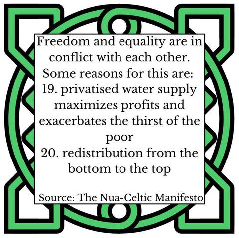 We are committed to limiting individual freedom in a self-determined manner. Some reasons for this are: 
19.	privatised water supply maximizes profits and exacerbates the thirst of the poor
20.	redistribution from the bottom to the top
Source: The Nua-Celtic Manifesto