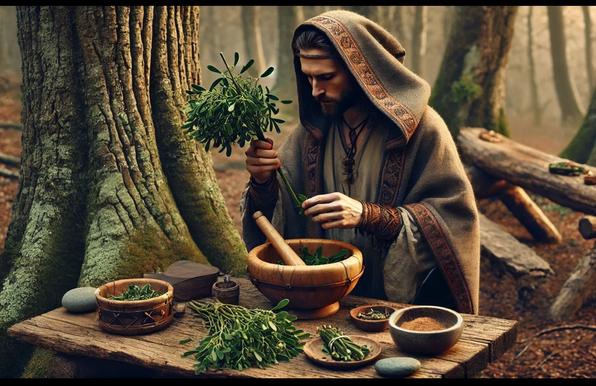 Das Bild zeigt eine fotorealistische, moderne Darstellung eines Druiden in einem heiligen Hain bei der Zubereitung eines rituellen Tranks aus Mistelzweigen. Hier die zentralen Bildelemente:
	•	Zentrale Figur: Ein junger Druide mit ernster Miene, gehüllt in ein kunstvoll verziertes Gewand mit Kapuze und keltischem Muster. Er wirkt konzentriert und achtsam.
	•	Mistelverarbeitung: Der Druide hält frische Mistel in der Hand und bereitet sie sorgfältig in einer großen Holzschale mit Stößel vor. Auf dem Tisch liegen weitere Mistelzweige, getrocknete Kräuter, und kleinere Gefäße.
	•	Natürliche Umgebung: Der Tisch steht im Wald, unter einer alten Eiche, deren massive Rinde und moosbedeckter Stamm das Bild dominieren. Das Licht ist sanft und warm – möglicherweise Morgendämmerung oder Sonnenuntergang.
	•	Atmosphäre: Die Szene strahlt Ruhe, Achtsamkeit und naturverbundene Spiritualität aus – als würde die Weisheit der alten Druiden wieder lebendig.🖖