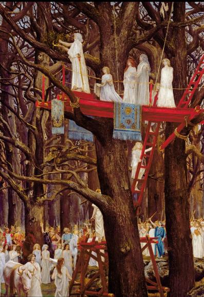 Dieses eindrucksvolle Gemälde stellt eine idealisierte und zeremonielle Mistelernte der Druiden dar, wie sie möglicherweise von Plinius dem Älteren beschrieben wurde. Hier die Bildelemente im Detail:
	•	Zeremonie auf der Eiche: Im Zentrum steht eine aufwendige Plattformkonstruktion hoch in einer alten Eiche. Darauf befinden sich Druiden in langen weißen Gewändern, einer von ihnen schneidet mit einer goldenen Sichel die Mistel – ein klarer Verweis auf die historische Beschreibung.
	•	Frauenfiguren in Weiß: Mehrere Frauen in langen weißen Kleidern, vermutlich Priesterinnen oder Helferinnen, begleiten das Ritual. Sie stehen sowohl auf der Plattform als auch am Boden.
	•	Zuschauer und Prozession: Im unteren Bereich versammelt sich eine große Gruppe in feierlicher Kleidung. Besonders auffällig sind römisch oder keltisch anmutende Krieger in roter Rüstung, weiße Stiere (symbolisch für das Opfer) und weitere in Blau oder Weiß gekleidete Gestalten.
	•	Licht und Atmosphäre: Das Licht ist dramatisch und durchdringt den kahlen, heiligen Wald, was der Szene eine feierlich-mythische Aura verleiht. Die Bäume wirken erhaben und archaisch – als stünden sie außerhalb der Zeit.

Dieses Gemälde verbindet mythologisches Ideal, religiöse Andacht und naturmystische Erhabenheit. Es wirkt wie eine kollektive Weihehandlung – die Mistelernte als heiliger Akt einer ganzen Gemeinschaft.🖖