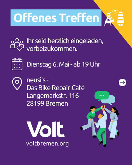 Die Bilder Grafik zeigt im Comicstil drei Personen, die sich ein High Five geben, mit einer Sprechblase zur Diskussion anregen. Weitere Information über Treffpunkt und Datum ist auf der Kachel versehen.