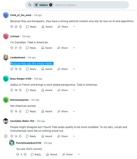A quality audio aficionados forum discussion screen-capture of members discussing the various reasons why they prefer Qobuz over Tidal. [Mainly because Qobuz is not a USA product and because it pays musicians better]